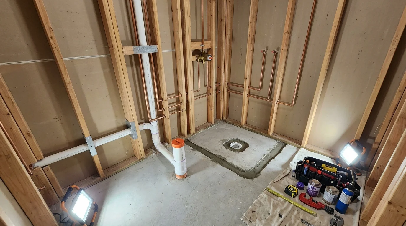 Bathroom rough-in plumbing during remodel by Johns Plumbing LLC in Ord
