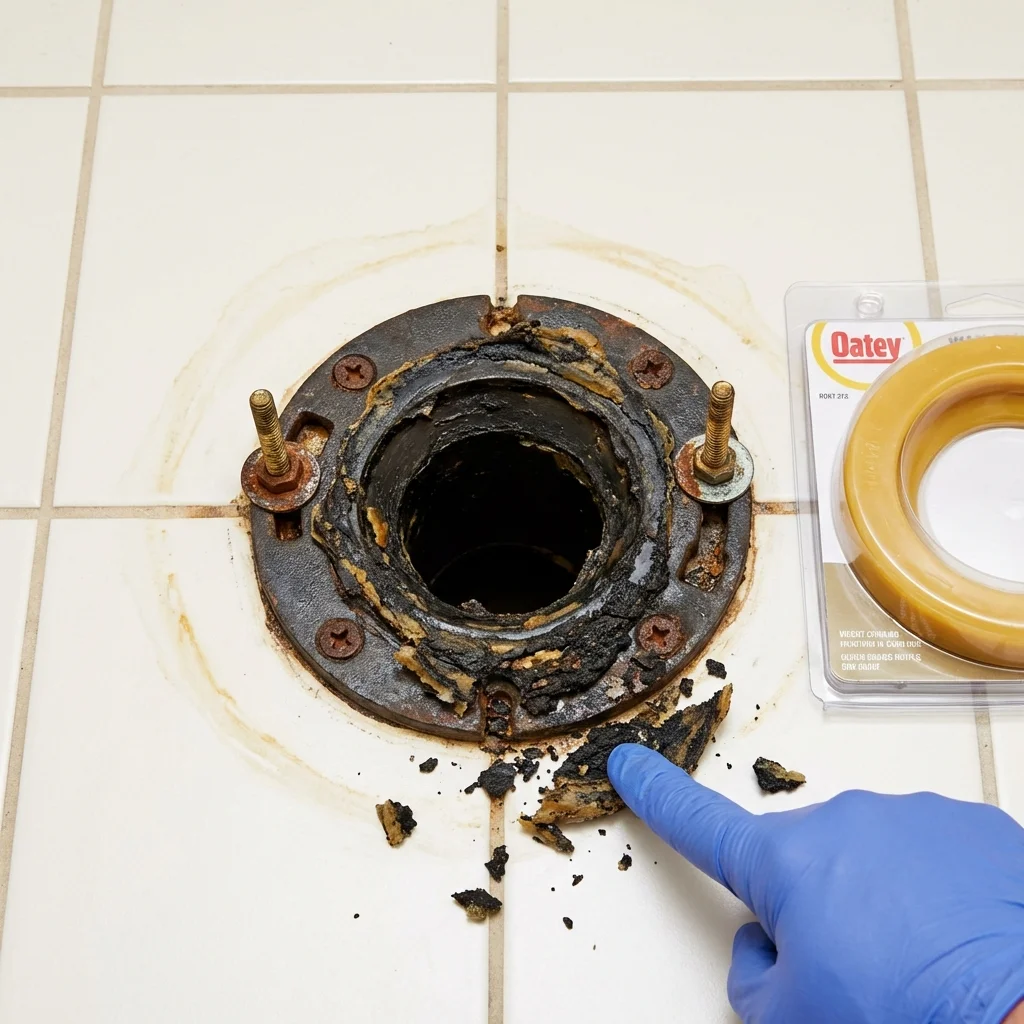 Failed wax ring showing water seepage at the base of a toilet in a Ord, NE home